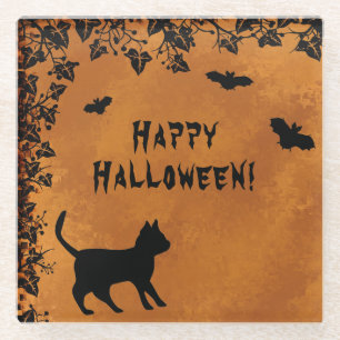Black Cat with Bat , Happy Halloween Glass Coaster