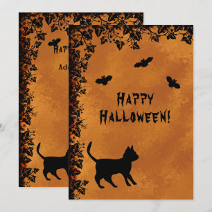 Black Cat with Bat , Happy Halloween Invitation