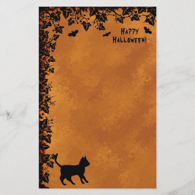 Black Cat with Bat , Happy Halloween Stationery (Front)
