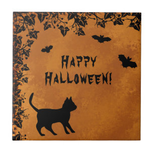 Black Cat with Bat , Happy Halloween Tile