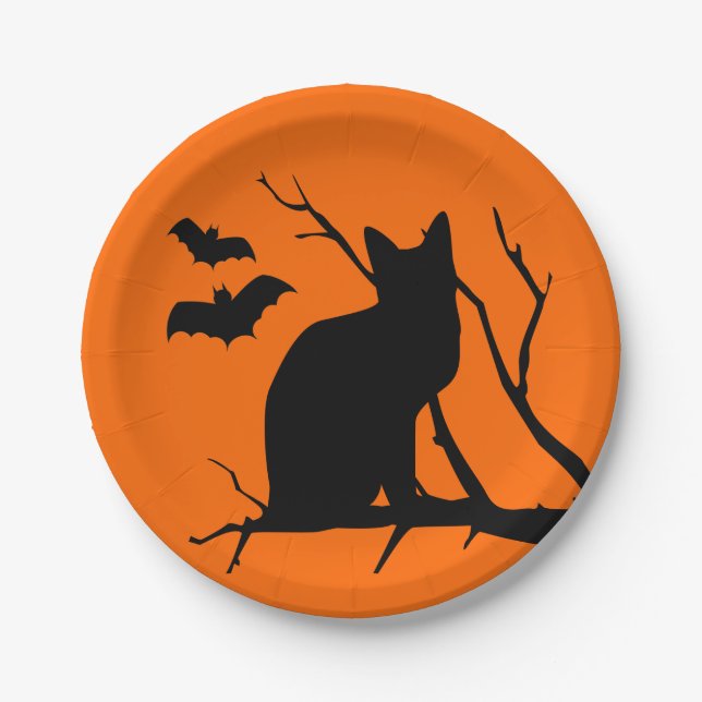Black Cat With Bats Halloween Party Plates (Front)