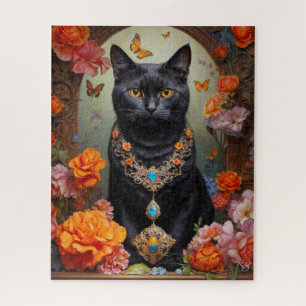Black Cat with Beautiful Jewellery and Flowers Jigsaw Puzzle
