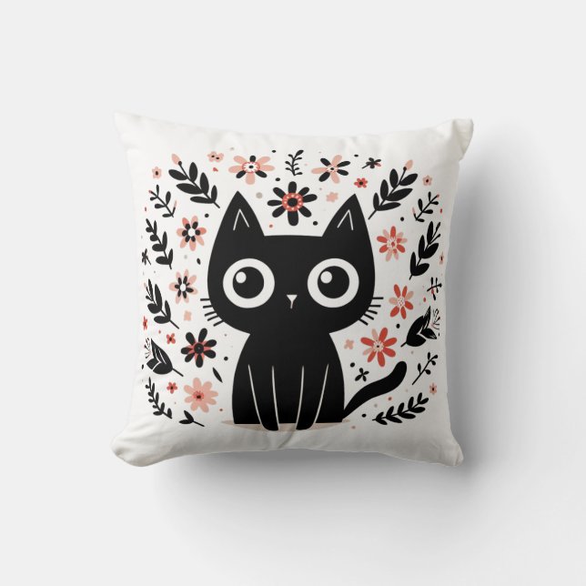Black Cat with Big Eyes and Flowers Throw Pillow (Front)
