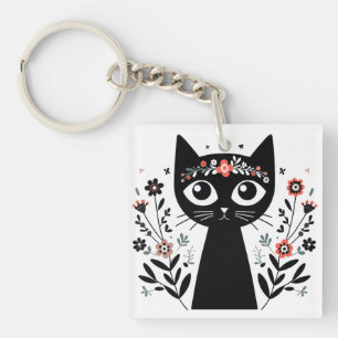 Black Cat with Big Eyes Surrounded by Flowers Keychain