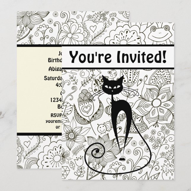 Black Cat with Black and White Garden Birthday Invitation (Front/Back)