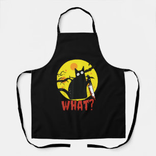 Black Cat with Bloody Knife Saying What_ Funny Mur Apron
