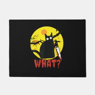 Black Cat with Bloody Knife Saying What_ Funny Mur Doormat