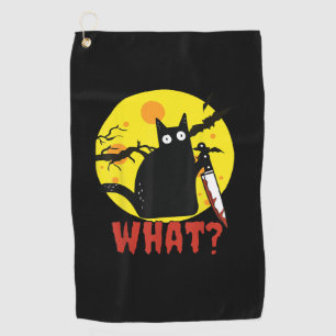 Black Cat with Bloody Knife Saying What_ Funny Mur Golf Towel