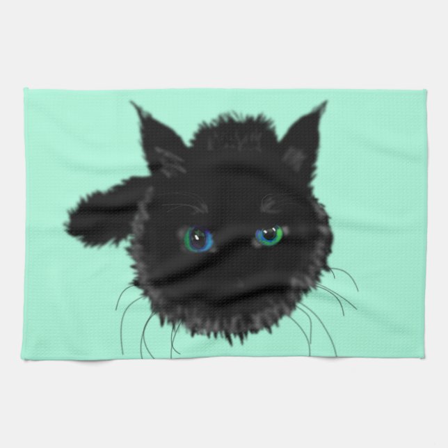 Black Cat with Blue Eyes Kitchen Towel Your Colour (Horizontal)