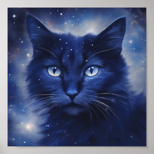  Black cat with blue eyes on a starry background Poster
