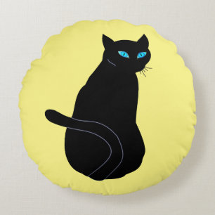 Black Cat With Blue Eyes - Round Pillow