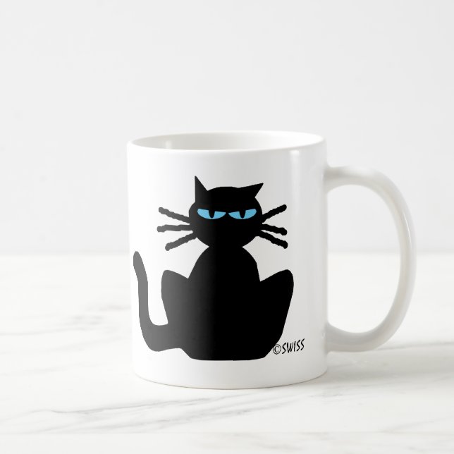 Black Cat with Blue Eyes Sitting Staring Coffee Mug (Right)