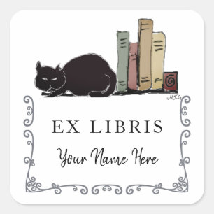 Black Cat with Books Cute Hand-Drawn Bookplate Square Sticker