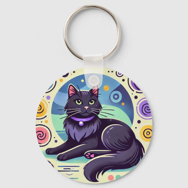 Black Cat with Brightly Coloured Background Keychain (Front)
