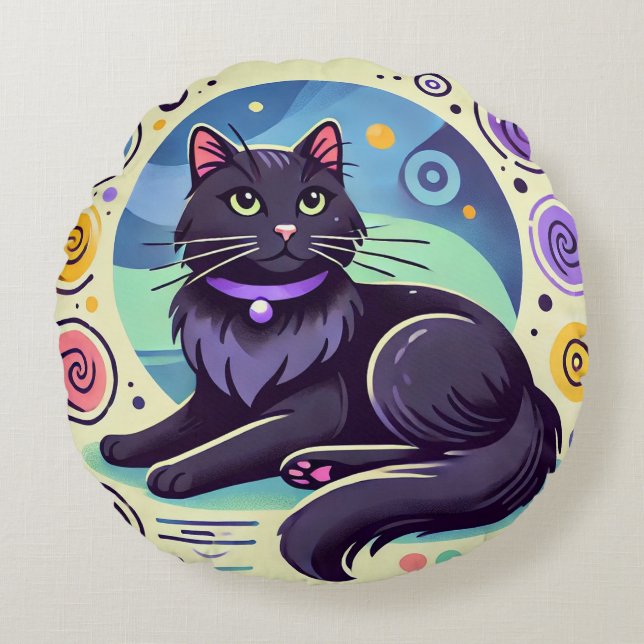 Black Cat with Brightly Coloured Background Round Pillow (Front)