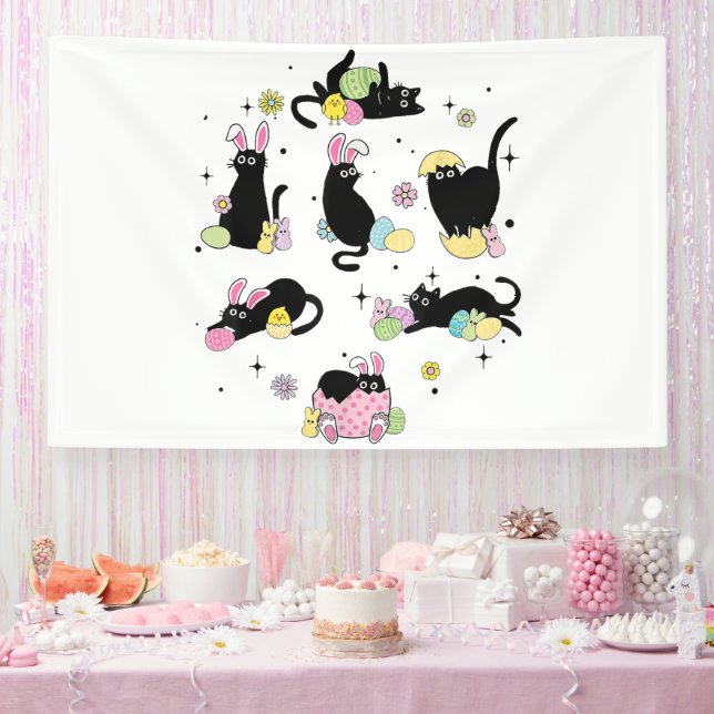 Black Cat with Bunny Eggs Banner (Party)