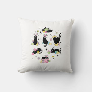Black Cat with Bunny Eggs Happy Easter Day Matchin Throw Pillow