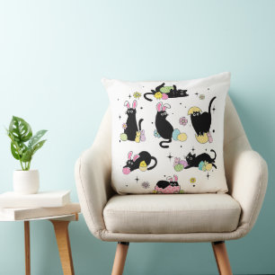Black Cat with Bunny Eggs Throw Pillow