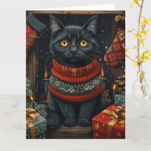 Black Cat with Christmas Gifts Fireplace Card