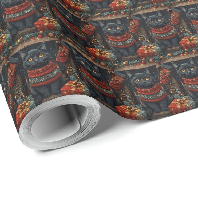 Black Cat with Christmas Gifts Fireplace Wrapping Paper (Roll Corner)