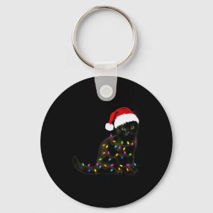 Black Cat With Christmas Light Funny Cat Lover Chr Keychain