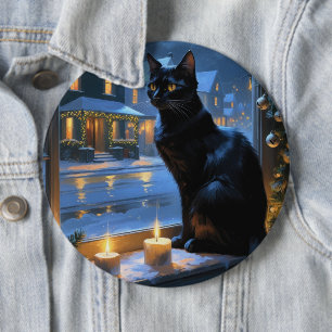 Black Cat With Christmas Lights Holiday 6 Inch Round Button