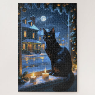 Black Cat With Christmas Lights Holiday Jigsaw Puzzle