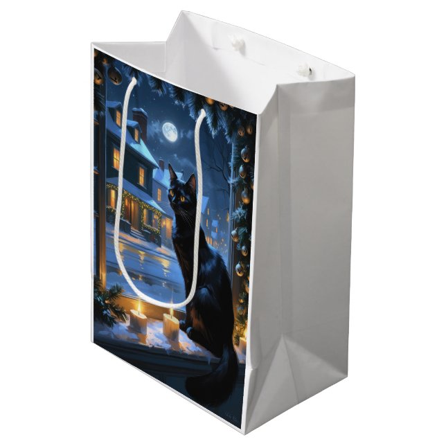 Black Cat With Christmas Lights Holiday Medium Gift Bag (Front Angled)