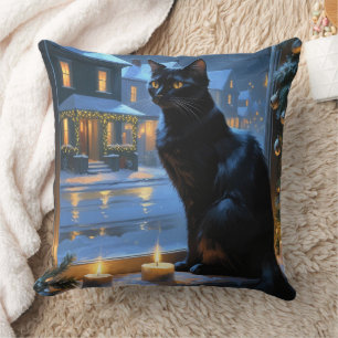 Black Cat With Christmas Lights Holiday Throw Pillow
