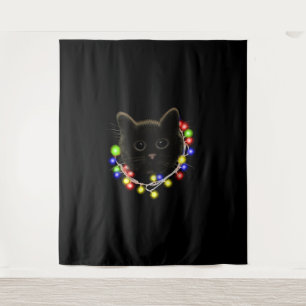 Black cat with Christmas lights Tapestry