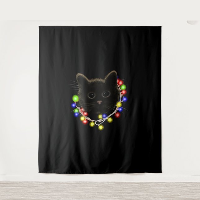 Black cat with Christmas lights Tapestry (Front)