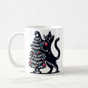 Black Cat With Christmas Tree Lights Coffee Mug