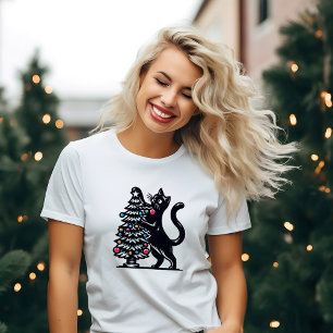 Black Cat With Christmas Tree Lights T-Shirt