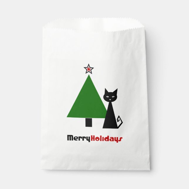Black Cat with Chrstmas Tree Favour Bag (Front)