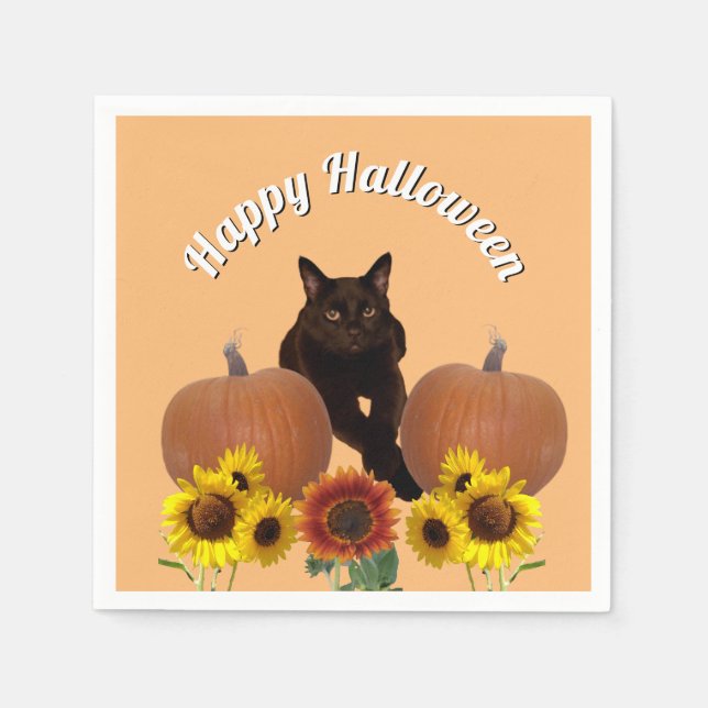 Black Cat with Crossed Paws Pumpkins Halloween  Napkin (Front)
