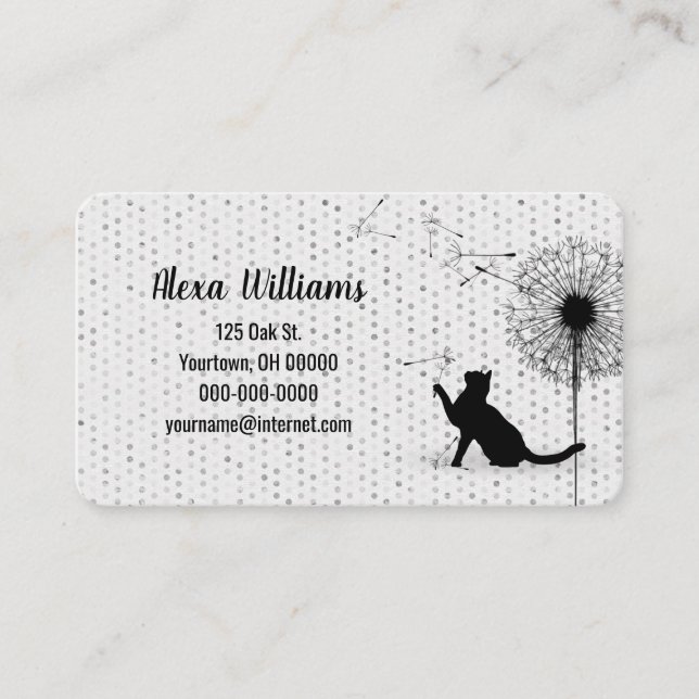 Black Cat with Dandelion on Grey Dots Business Card (Front)
