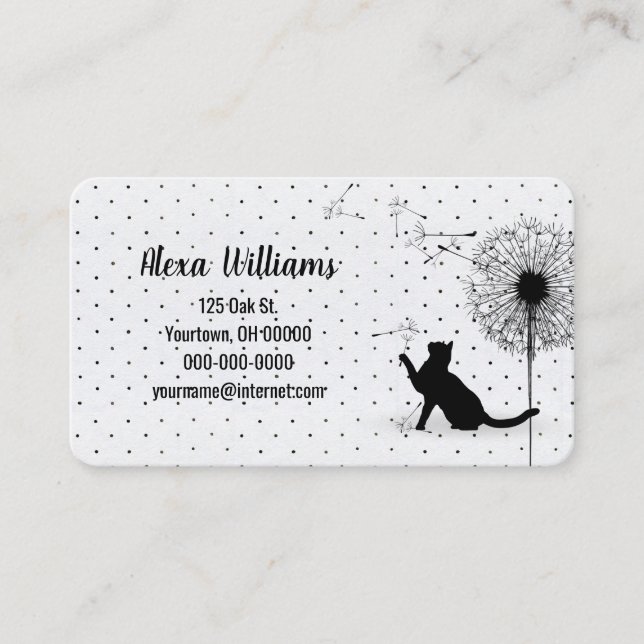 Black Cat with Dandelion on Pin Dots Business Card (Front)