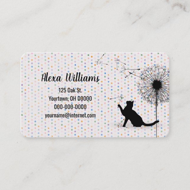 Black Cat with Dandelion on Polka Dots  Business Card (Front)
