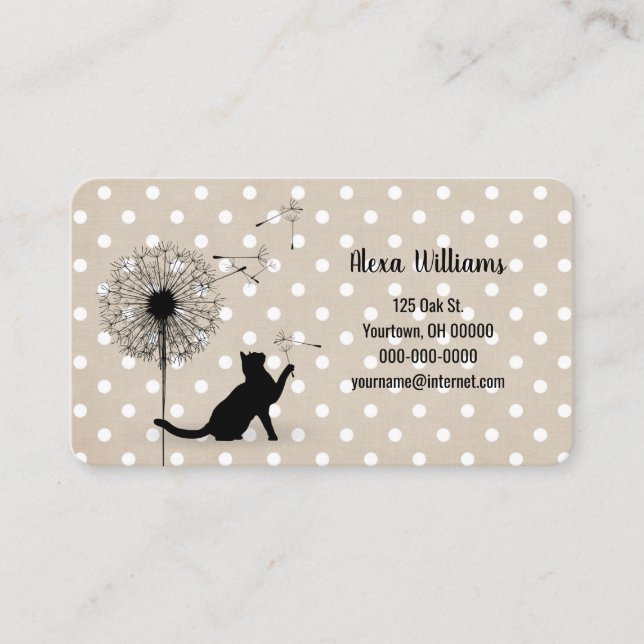 Black cat with dandelion on polka dots business card (Front)