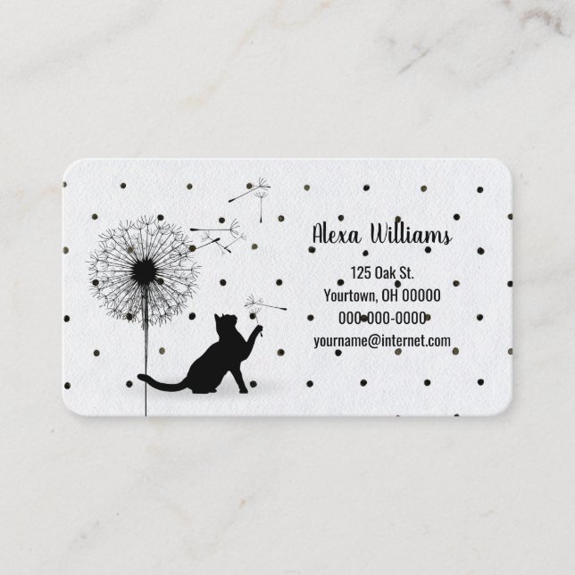 Black cat with dandelion on polka dots business card (Front)