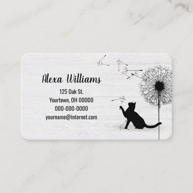 Black Cat with Dandelion on Wood Business Card (Front)