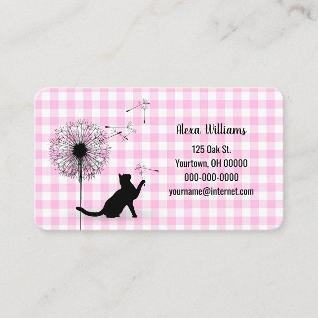 Black Cat With Dandelions On Gingham Business Card (Front)