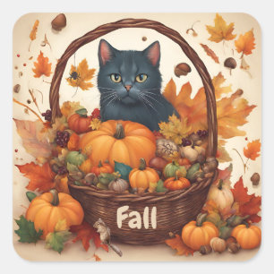 Black Cat with Fall Harvest Basket Brown  Square Sticker