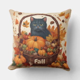 Black Cat with Fall Harvest Basket Brown  Throw Pillow