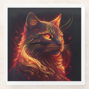 Black Cat With Fire Red & Golden Aura Glass Coaster