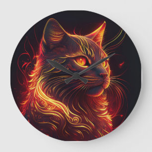 Black Cat With Fire Red & Golden Aura Glossy Large Clock