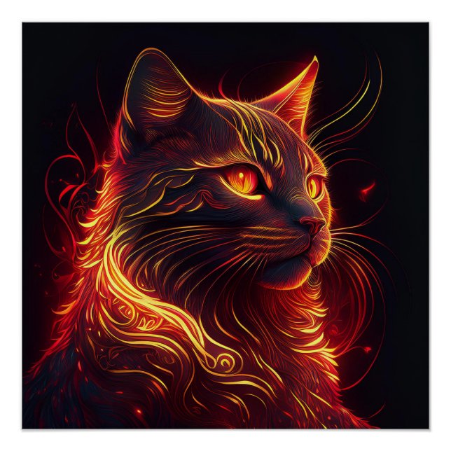 Black Cat With Fire Red & Golden Aura Glossy Poster (Front)