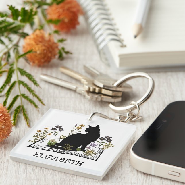 Black Cat with Floral Book Keychain (Front Right)