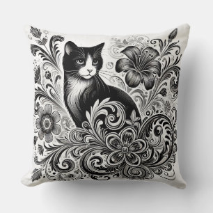 Black Cat with Floral Patterns in Monochrome Art Throw Pillow