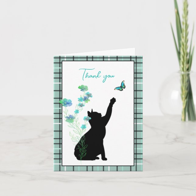Black Cat with Flowers and Butterfly Thank You Card (Front)